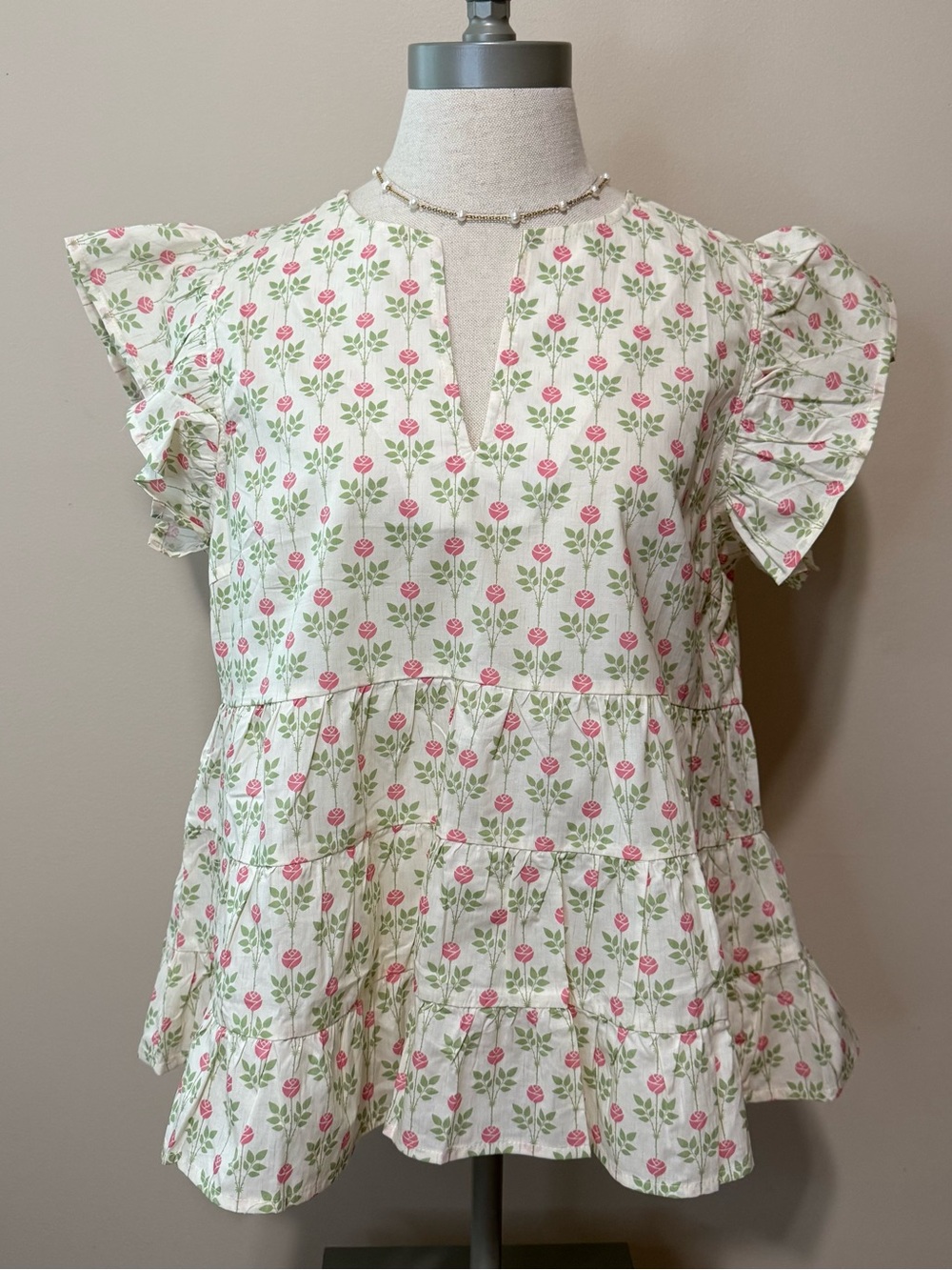 A & She Floral Ruffle Sleeve Peplum Top - Pink Floral on Cream Medium NWT